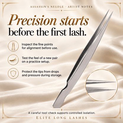 Assassin’s Needle Silver I-Shape Isolation Lash Tweezer artist tips for tip alignment, practice and protected storage.