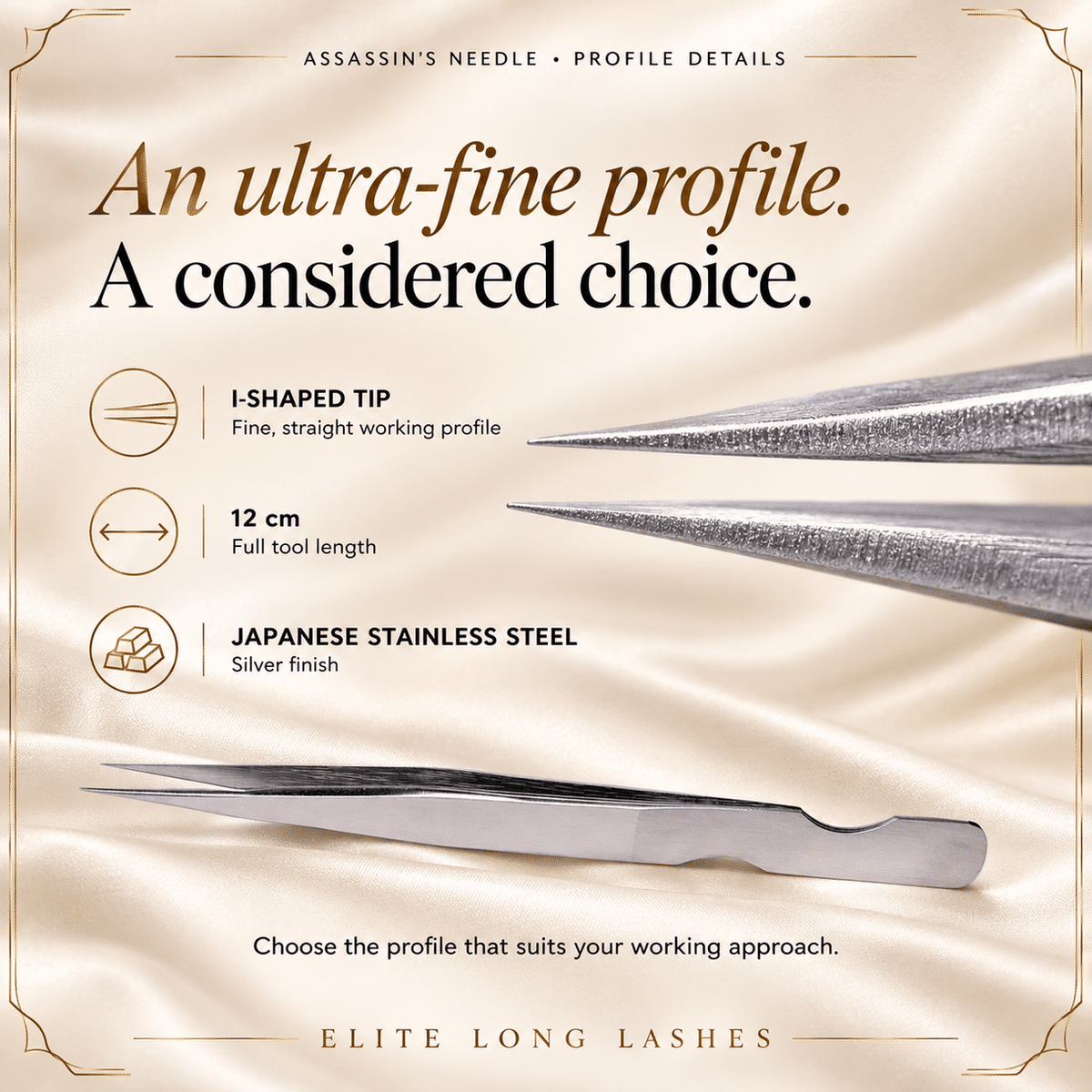 Assassin’s Needle Silver I-Shape Isolation Lash Tweezer profile details with an actual tip close-up and confirmed specifications.