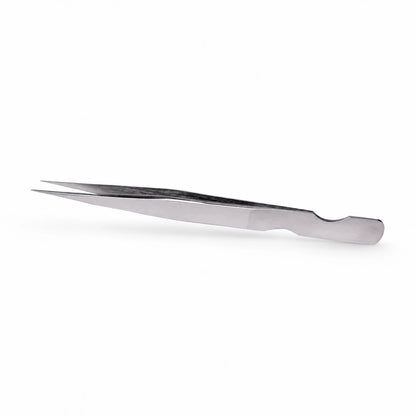 Elite Long Lashes Assassin’s Needle silver I-Shape isolation tweezer with fine straight tips and a shaped handle on a soft white background.