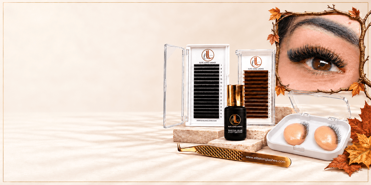 Elite Long Lashes black and brown lash trays, Master Glue, gold Diamond tweezer and silicone practice eyelids beside an autumn-framed lash close-up.