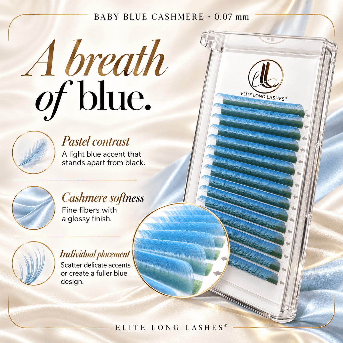 Baby blue 0.07 mm cashmere lash tray and fiber close-up highlighting pastel contrast, softness and individual lash placement.