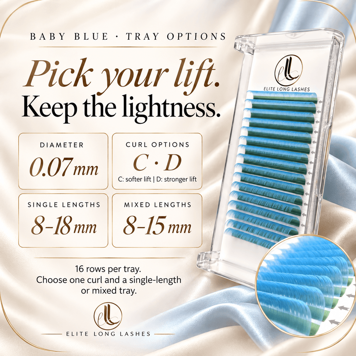 Baby blue cashmere lash tray options: 0.07 mm diameter, C and D curls, 8–18 mm single lengths, 8–15 mm mixed lengths and 16 rows.