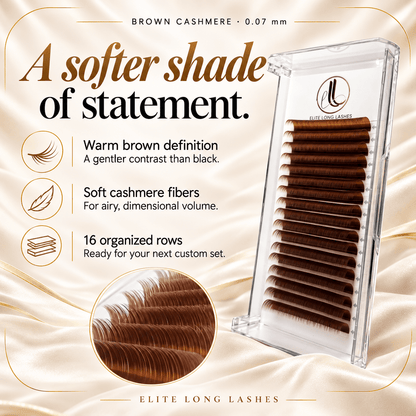 Brown cashmere 0.07 mm lash extensions with warm brown fibers, 16 organized rows and a close-up of the lash texture