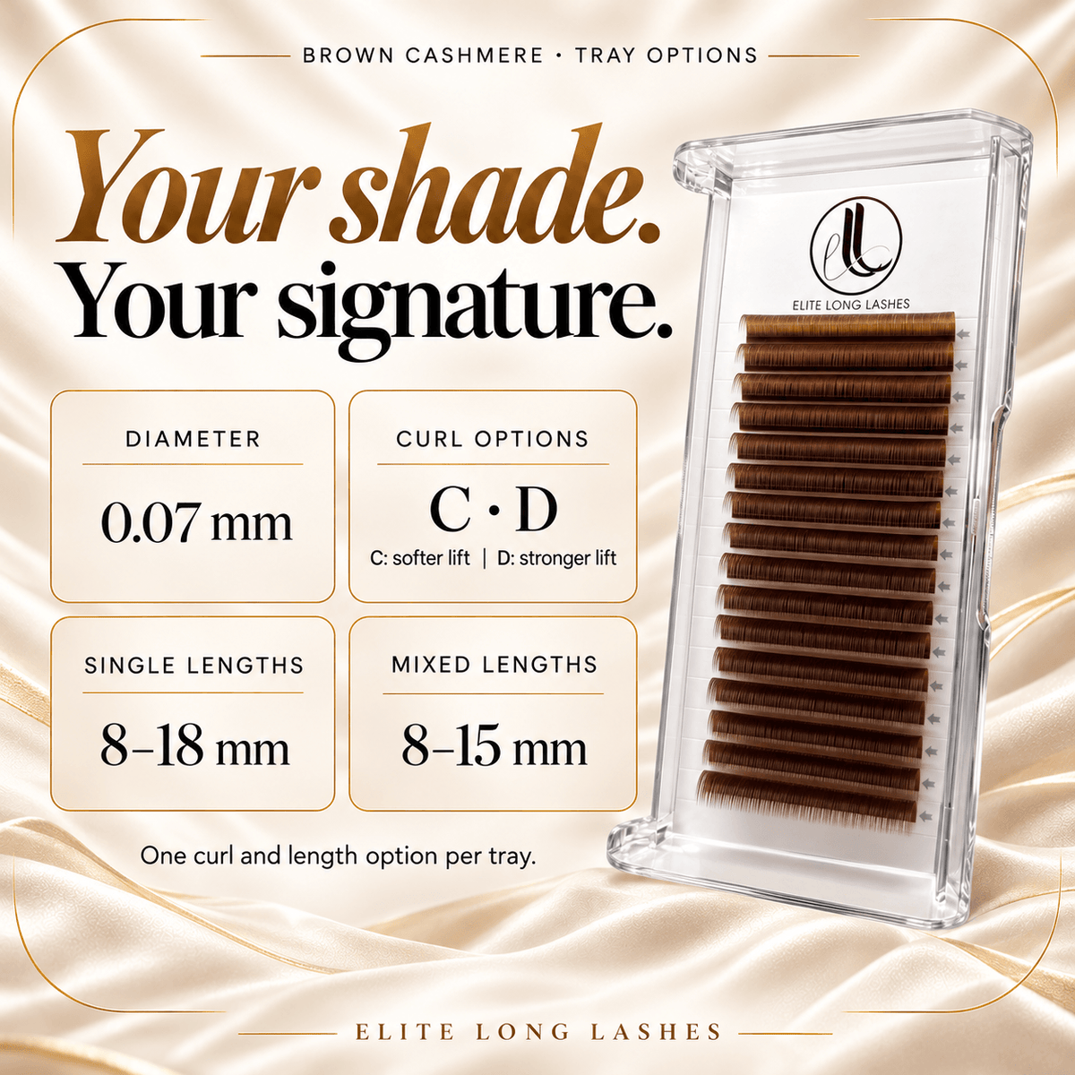 Brown cashmere lash tray options: 0.07 mm diameter, C or D curl, single lengths 8–18 mm and mixed lengths 8–15 mm