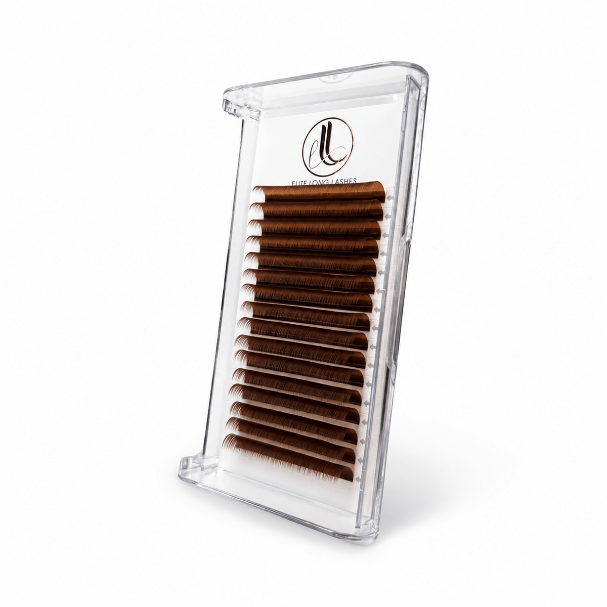 Elite Long Lashes brown cashmere lash extensions arranged in rows in a clear tray on a soft white background.