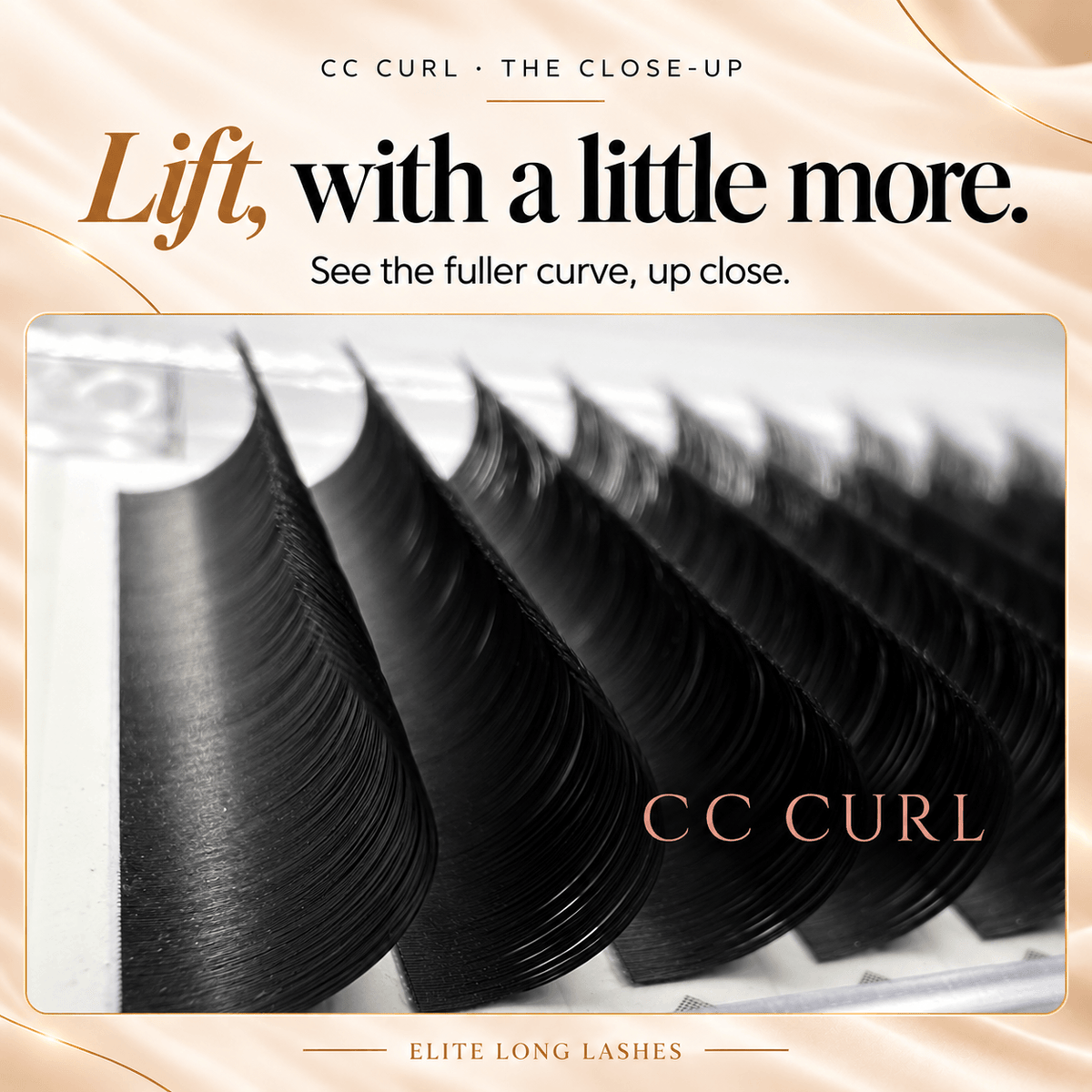 Close-up of the curved fibers of Elite Long Lashes CC Curl matte black lash extensions