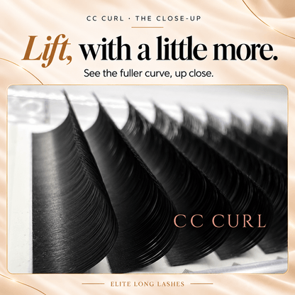 Close-up of the curved fibers of Elite Long Lashes CC Curl matte black lash extensions