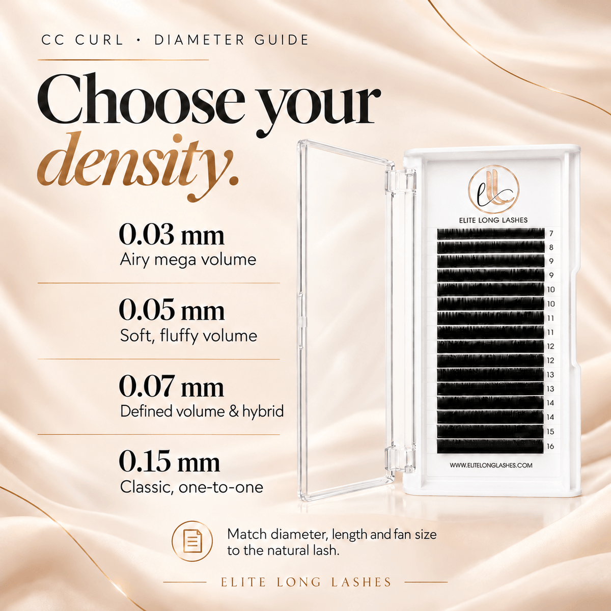 CC Curl lash diameter guide: 0.03 mm mega volume, 0.05 mm volume, 0.07 mm volume and hybrid, 0.15 mm classic