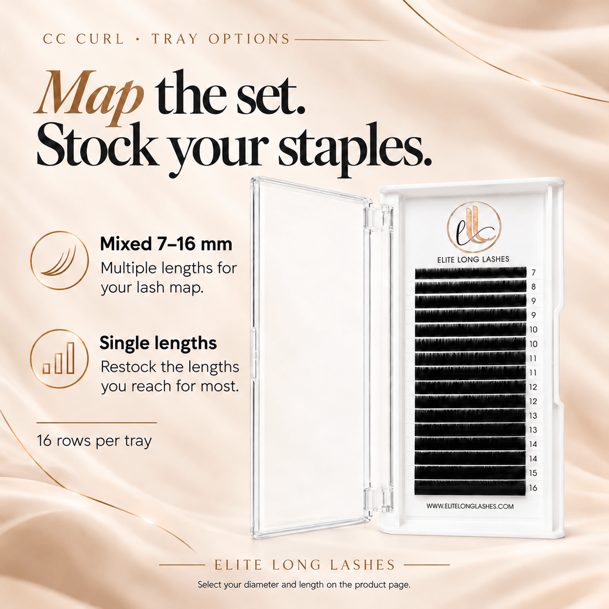 CC Curl matte black lash tray options: mixed 7–16 mm or single lengths, with 16 rows per tray