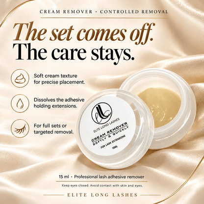 Elite Long Lashes Cream Remover 15 ml with controlled cream texture for dissolving adhesive during full or targeted extension removal.