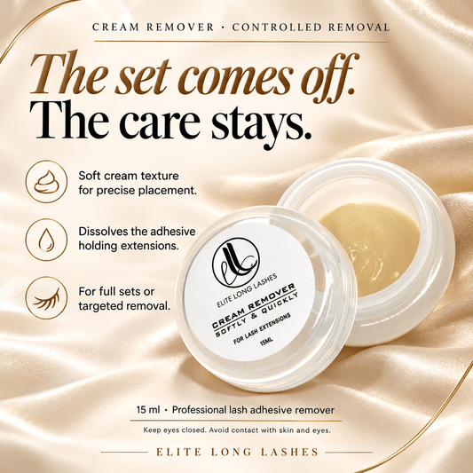 Elite Long Lashes Cream Remover 15 ml with controlled cream texture for dissolving adhesive during full or targeted extension removal.