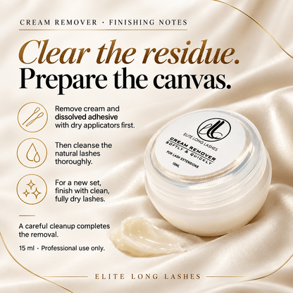 Cream Remover cleanup guide: remove cream and dissolved adhesive with dry applicators, then cleanse and fully dry natural lashes.