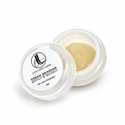Elite Long Lashes Cream Remover 15ml for eyelash extensions, in an open jar with its labeled lid on a soft white background.