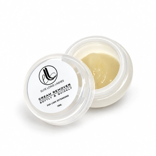 Elite Long Lashes Cream Remover 15ml for eyelash extensions, in an open jar with its labeled lid on a soft white background.