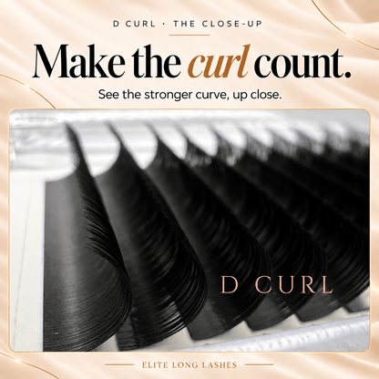 Close-up of the pronounced curve of Elite Long Lashes D Curl matte black lash extensions