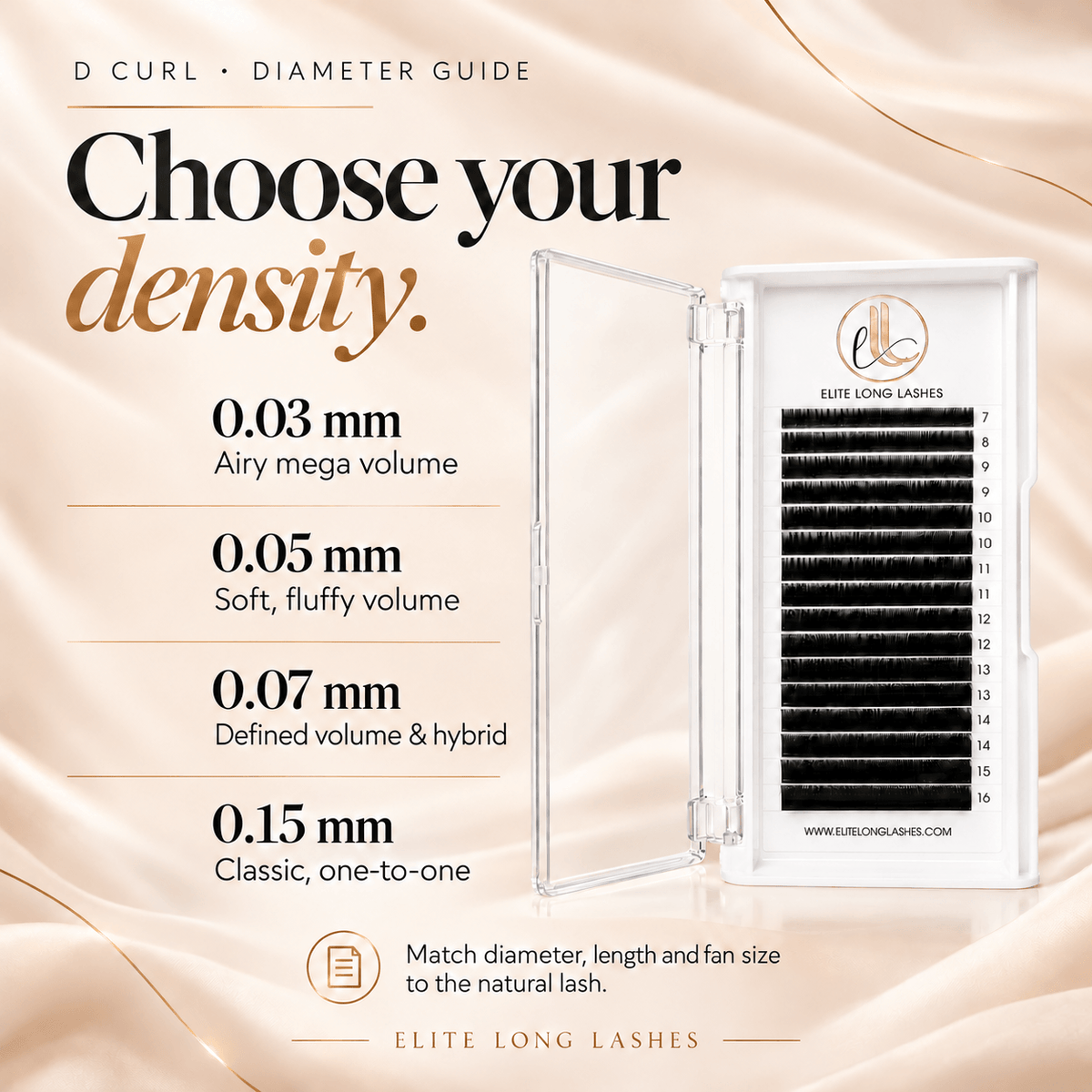 D Curl lash diameter guide: 0.03 mm mega volume, 0.05 mm volume, 0.07 mm volume and hybrid, 0.15 mm classic