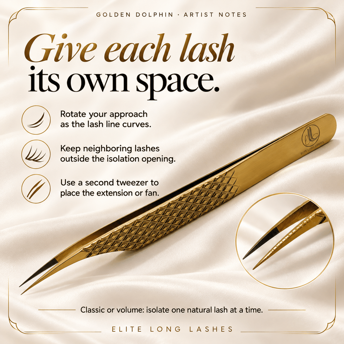 Golden Dolphin J-Shape Isolation Lash Tweezer artist tips for curved approach, single-lash separation and a separate placement tool.
