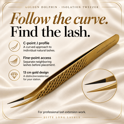Golden Dolphin J-Shape Isolation Lash Tweezer benefits graphic showing its J-shape profile, 13 cm length and gold finish.