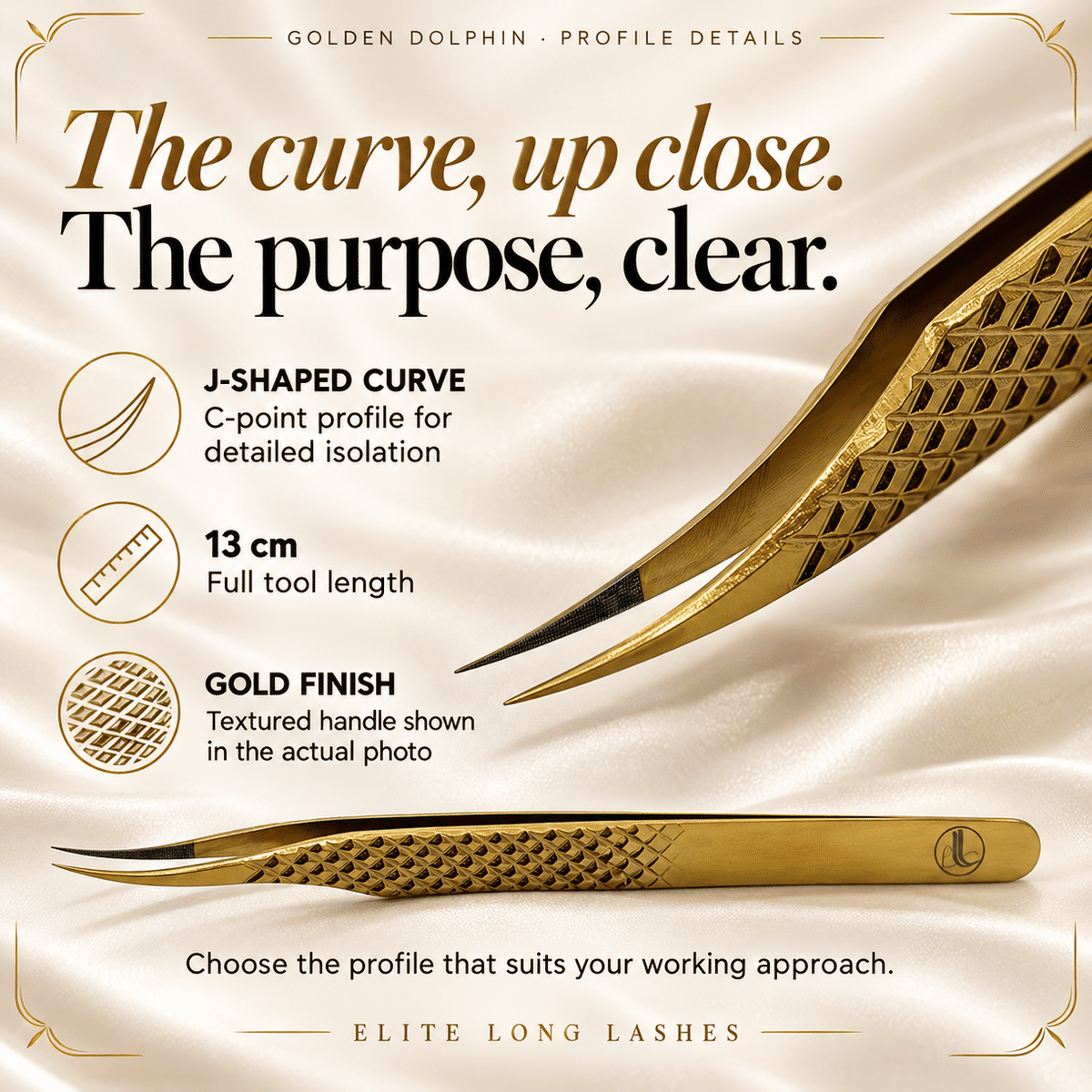 Golden Dolphin J-Shape Isolation Lash Tweezer profile details with an actual tip close-up and confirmed specifications.