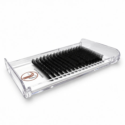 Elite Long Lashes Easy Fan 0.05 mm matte black lash extensions in a clear tray, photographed at an angle on a soft white background.