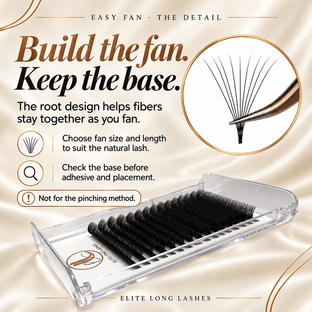 Easy Fan lash close-up and tray with tips for selecting fan size and checking the base; not for the pinching method