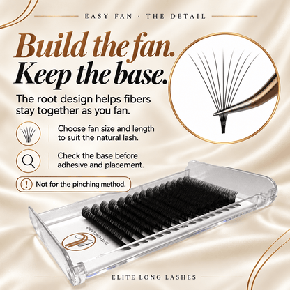 Easy Fan lash close-up and tray with tips for selecting fan size and checking the base; not for the pinching method