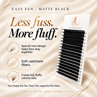 Easy Fan matte black cashmere lash extensions with a special root design that helps fibers stay together for fluffy volume fans