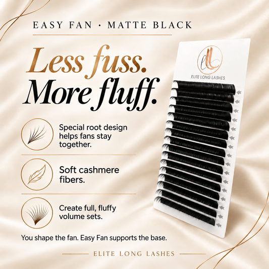 Easy Fan matte black cashmere lash extensions with a special root design that helps fibers stay together for fluffy volume fans
