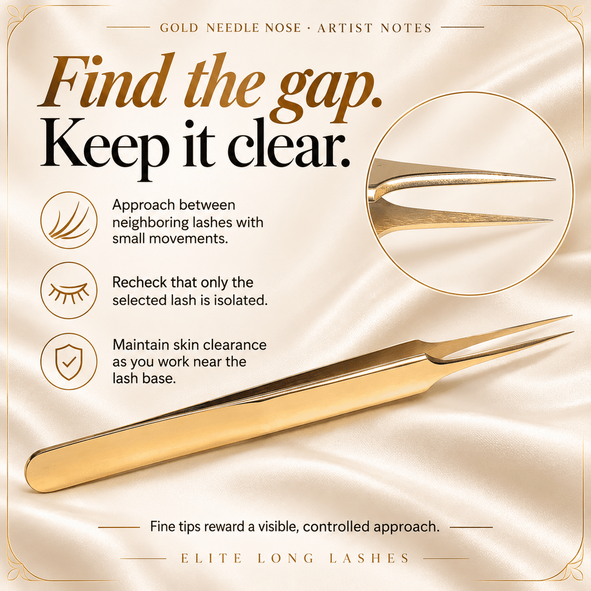 Gold Needle Nose I-Shape Isolation Lash Tweezer artist tips for fine-point access, single-lash checks and skin clearance.