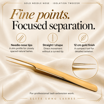 Gold Needle Nose I-Shape Isolation Lash Tweezer benefits graphic showing its I-shape profile, 12 cm length and gold finish.