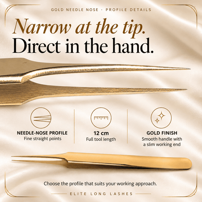 Gold Needle Nose I-Shape Isolation Lash Tweezer profile details with an actual tip close-up and confirmed specifications.