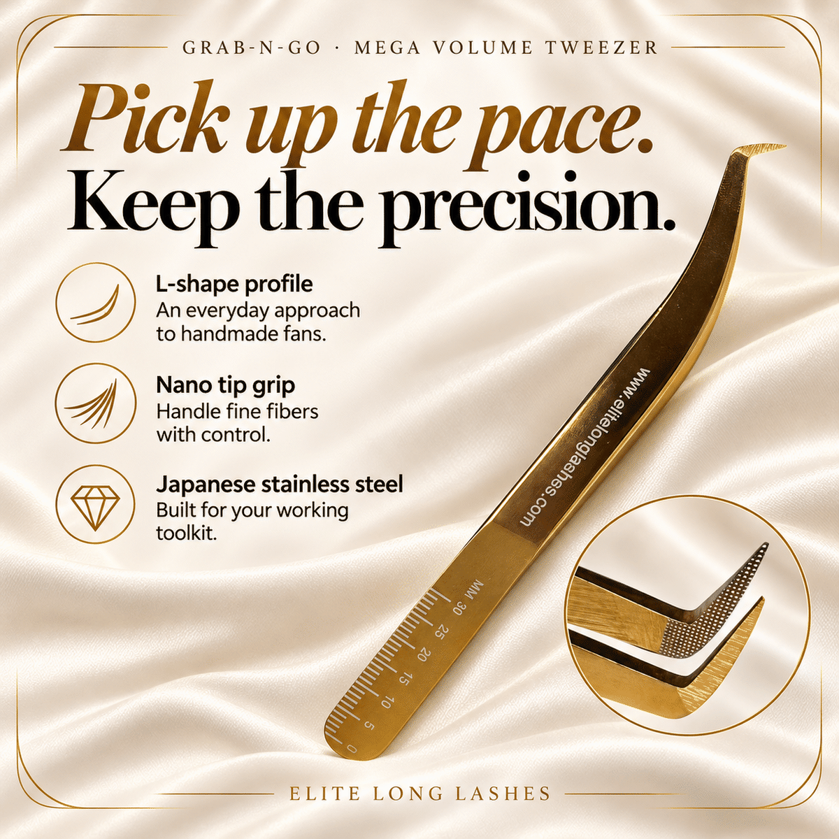 Elite Long Lashes Grab-N-Go mega volume tweezer – benefits and tip close-up