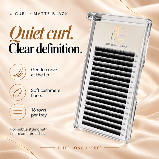 J Curl matte black cashmere lash extensions with a gentle tip curve, soft fibers, and 16 rows per tray