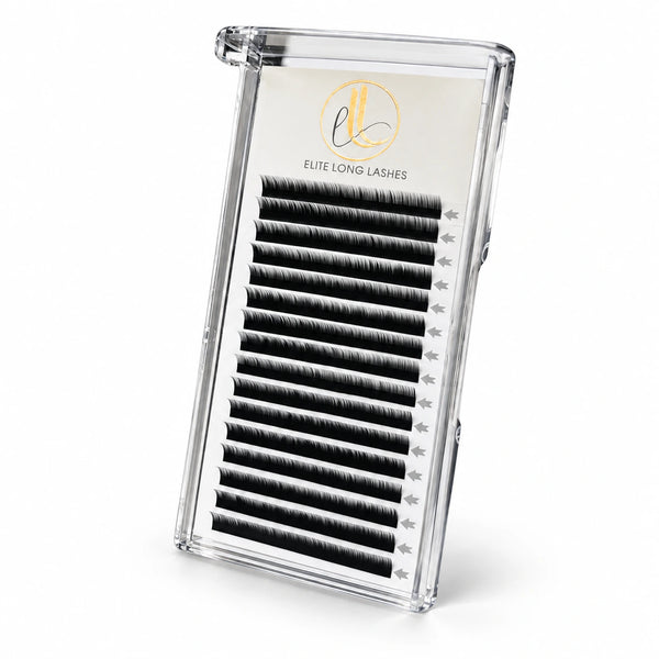 Elite Long Lashes J Curl matte black cashmere lash extensions in a clear 16-row tray with a gold logo on a soft white background.