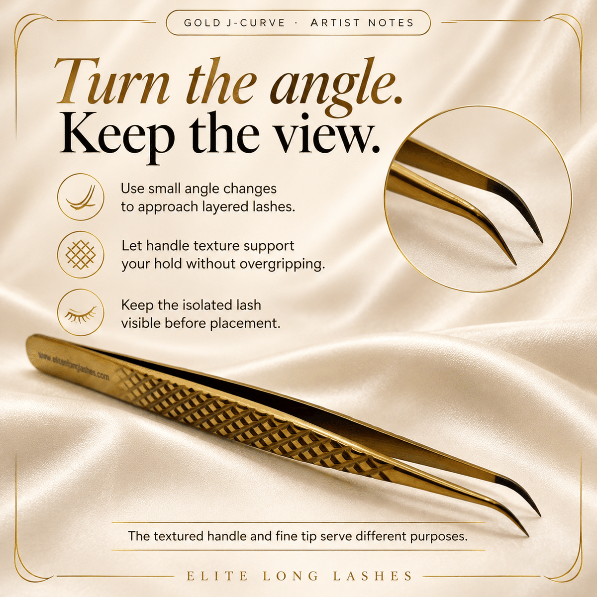 Gold J-Curve Isolation Lash Tweezer artist tips for small angle changes, handle grip and lash-line visibility.