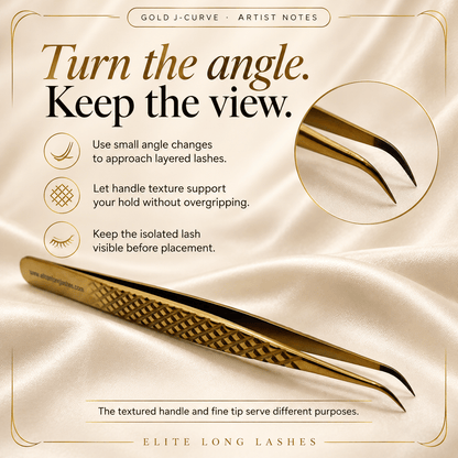 Gold J-Curve Isolation Lash Tweezer artist tips for small angle changes, handle grip and lash-line visibility.