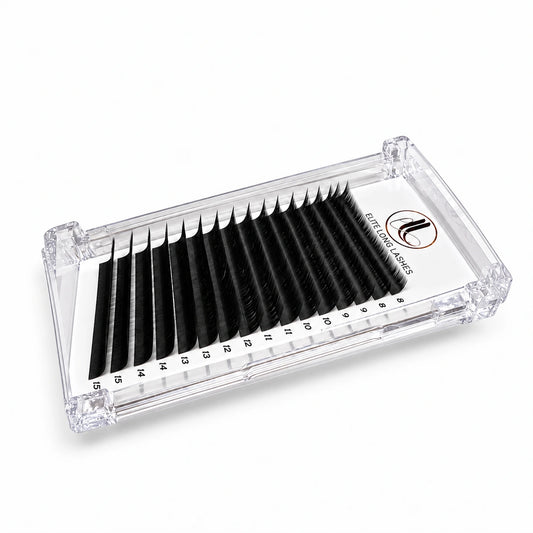 Elite Long Lashes L Curl matte black cashmere lash extensions in a clear 16-row mixed-length tray on a soft white background.