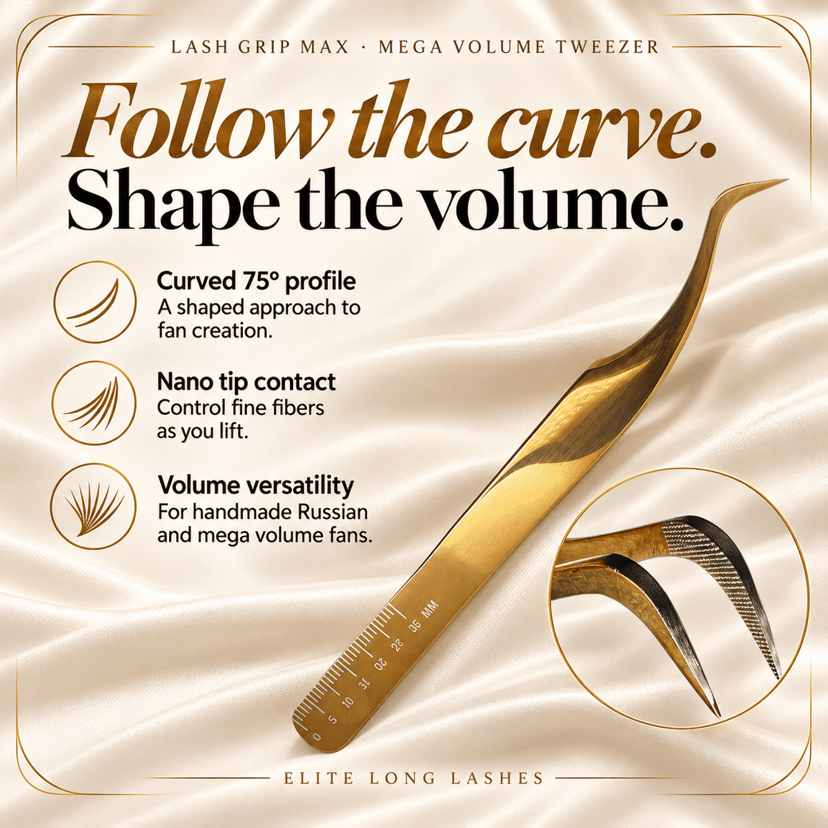 Elite Long Lashes Lash Grip Max mega volume tweezer – benefits and tip close-up