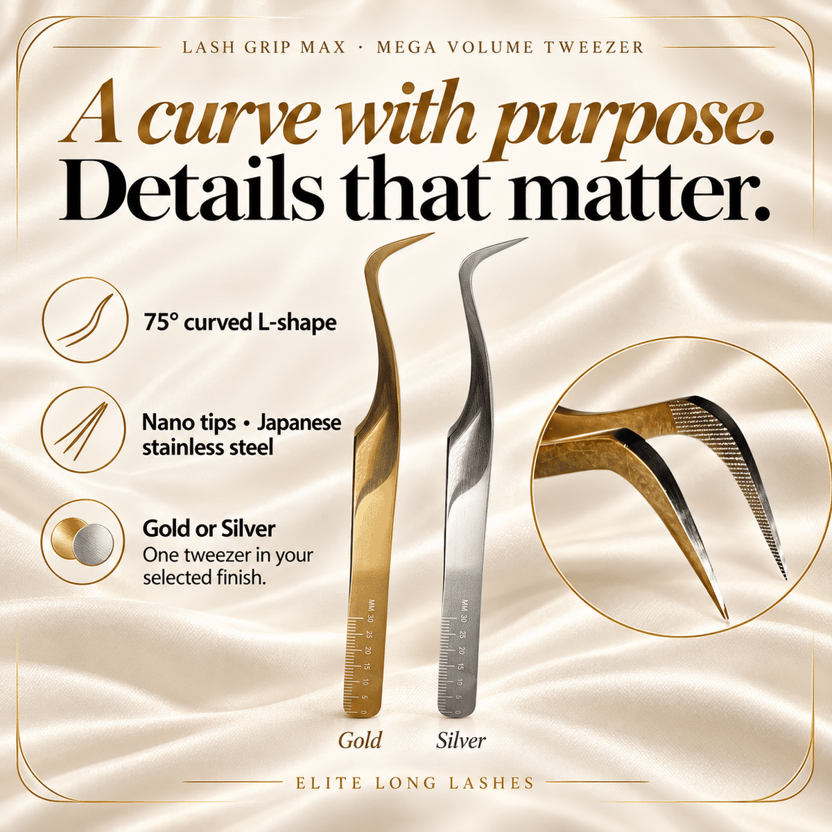 Elite Long Lashes Lash Grip Max mega volume tweezer – profile, material and finish options