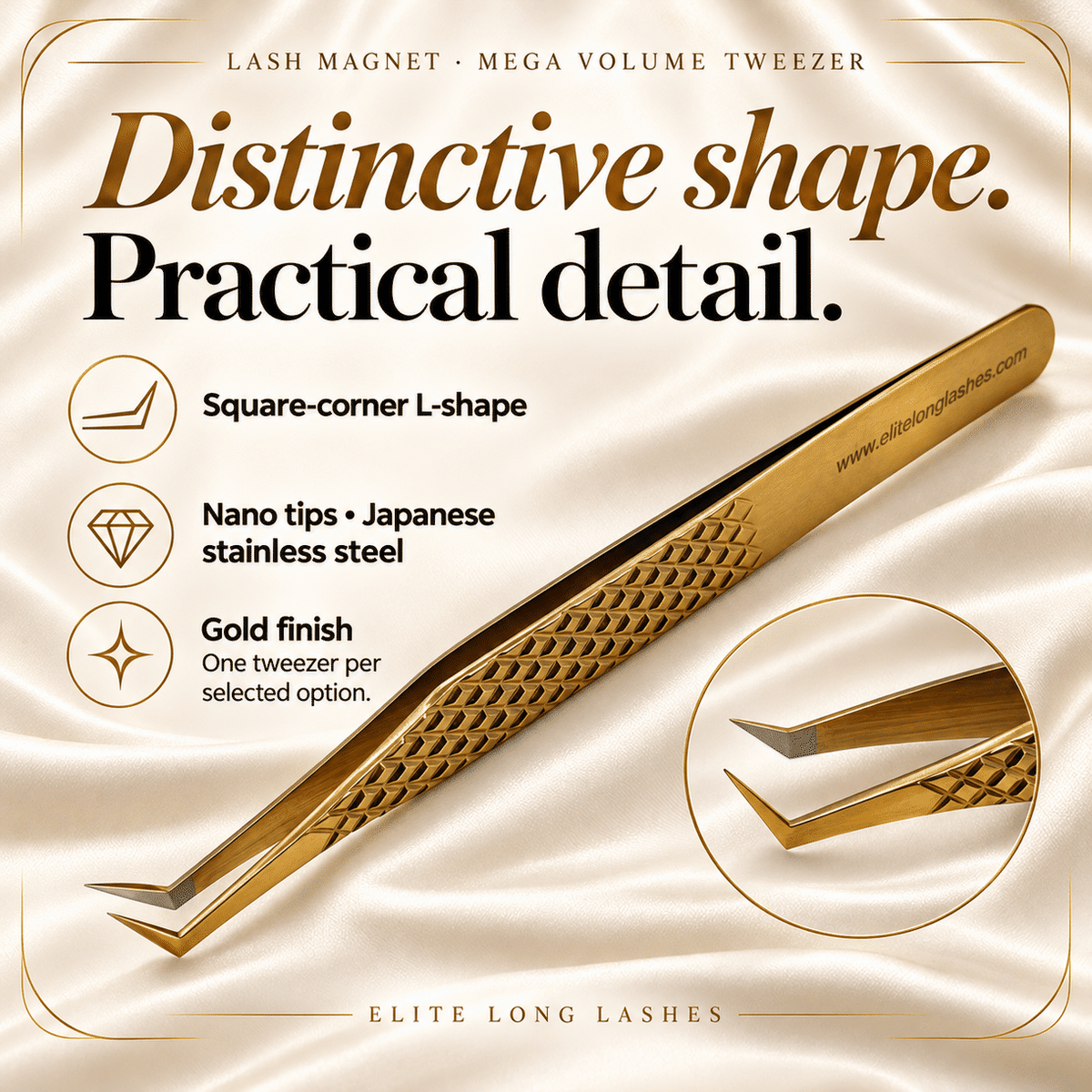 Elite Long Lashes Lash Magnet mega volume tweezer – profile, material and finish options