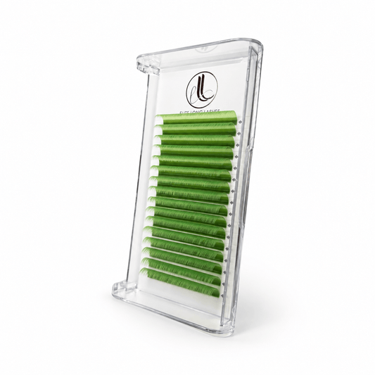 Elite Long Lashes lime green cashmere lash extensions arranged in rows in a clear tray on a soft white background.
