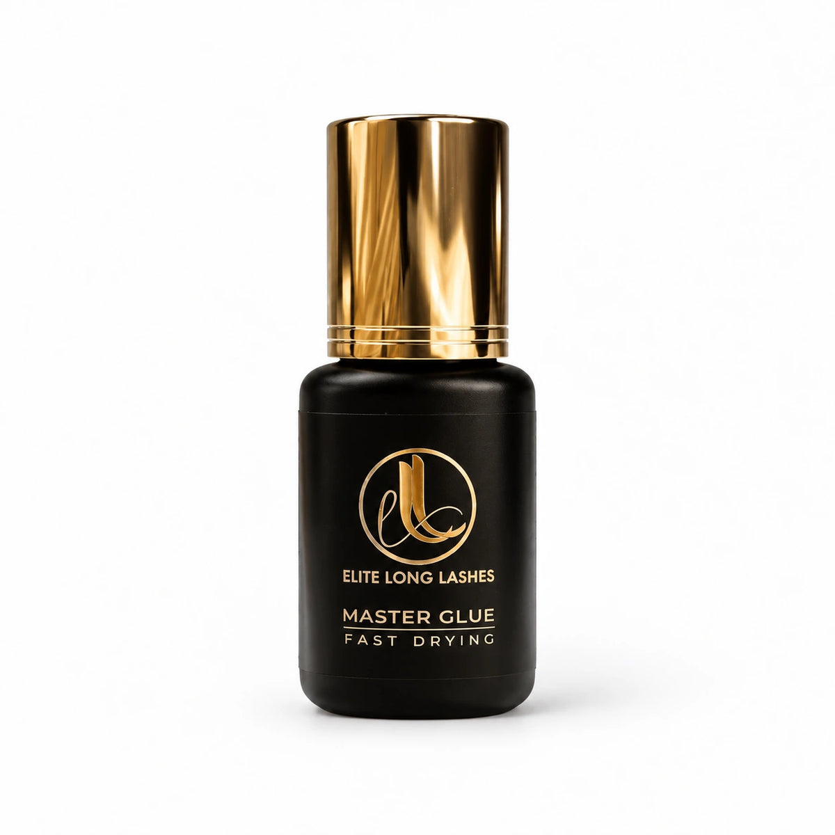 Elite Long Lashes Master Glue 5ml eyelash extension adhesive in a black bottle with gold cap on a soft white background.