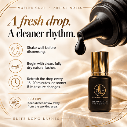 Master Glue bottle and adhesive drop with tips for shaking, clean dry lashes, fresh drops and avoiding direct airflow.