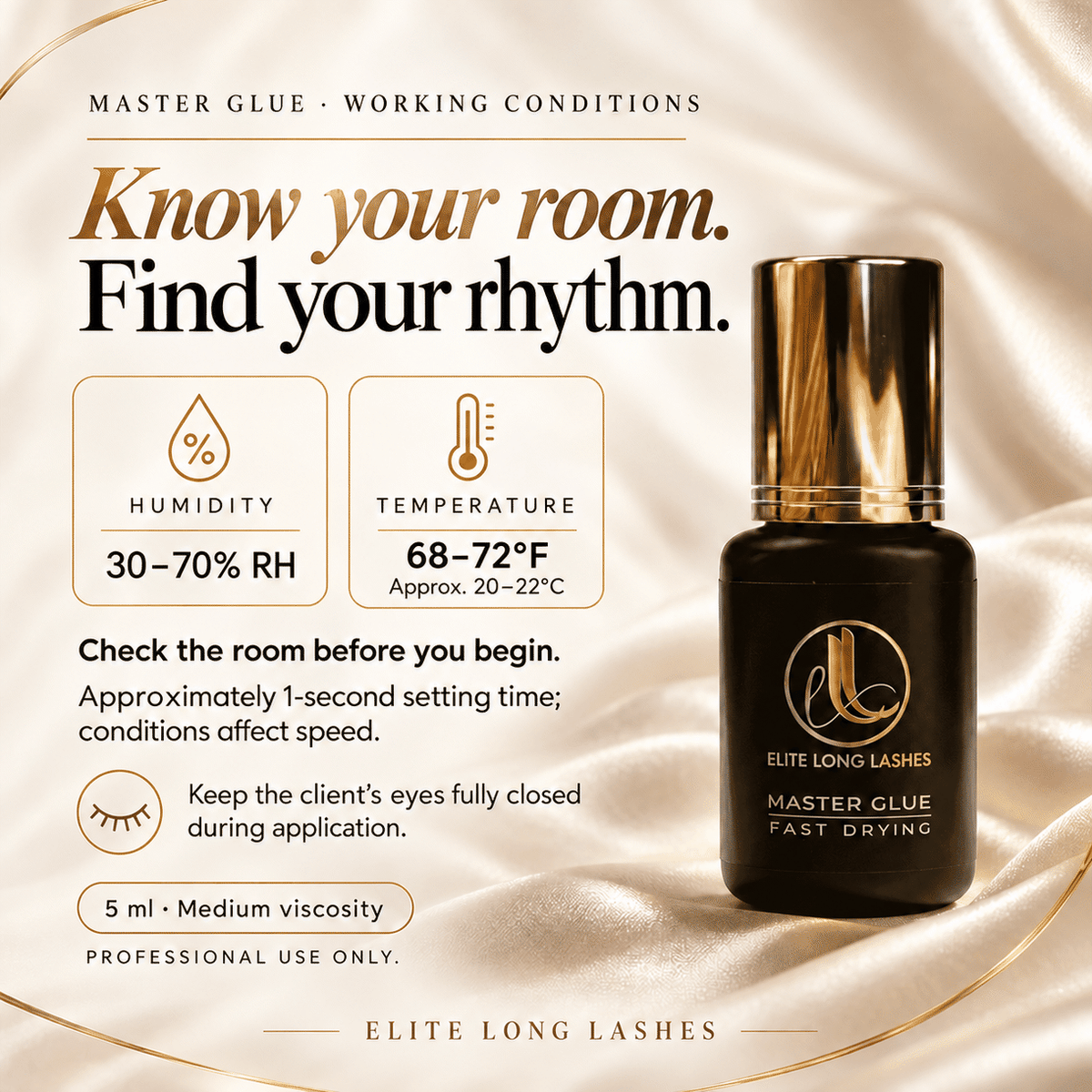 Master Glue working conditions guide: 30–70% relative humidity, 68–72°F (approximately 20–22°C) and approximately 1-second setting time.