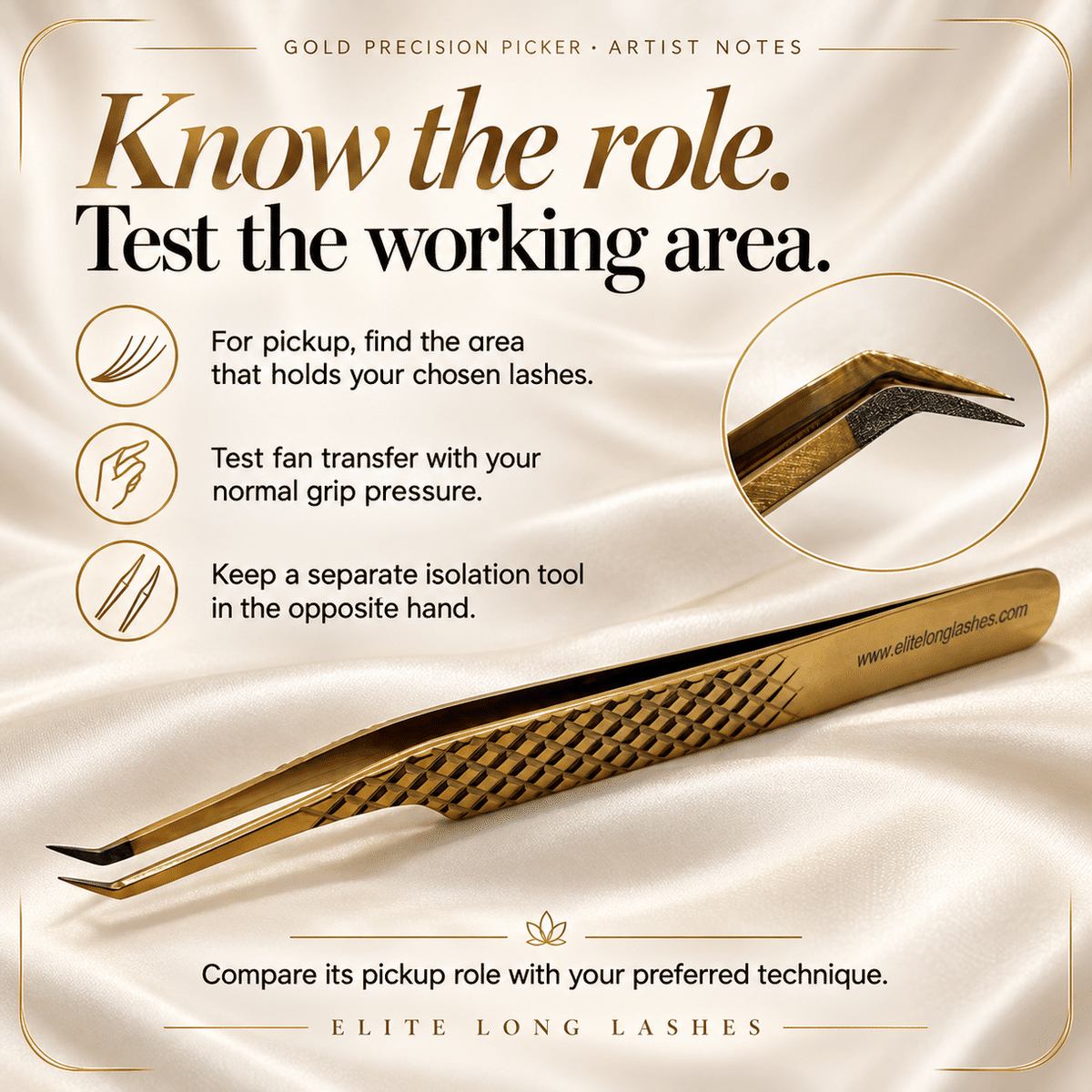 Gold Precision Picker S-Shape Isolation Lash Tweezer artist tips for pickup contact area, fan transfer and a separate isolation tool.