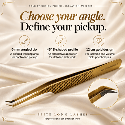 Gold Precision Picker S-Shape Isolation Lash Tweezer benefits graphic showing its S-shape profile, 12 cm length and gold finish.
