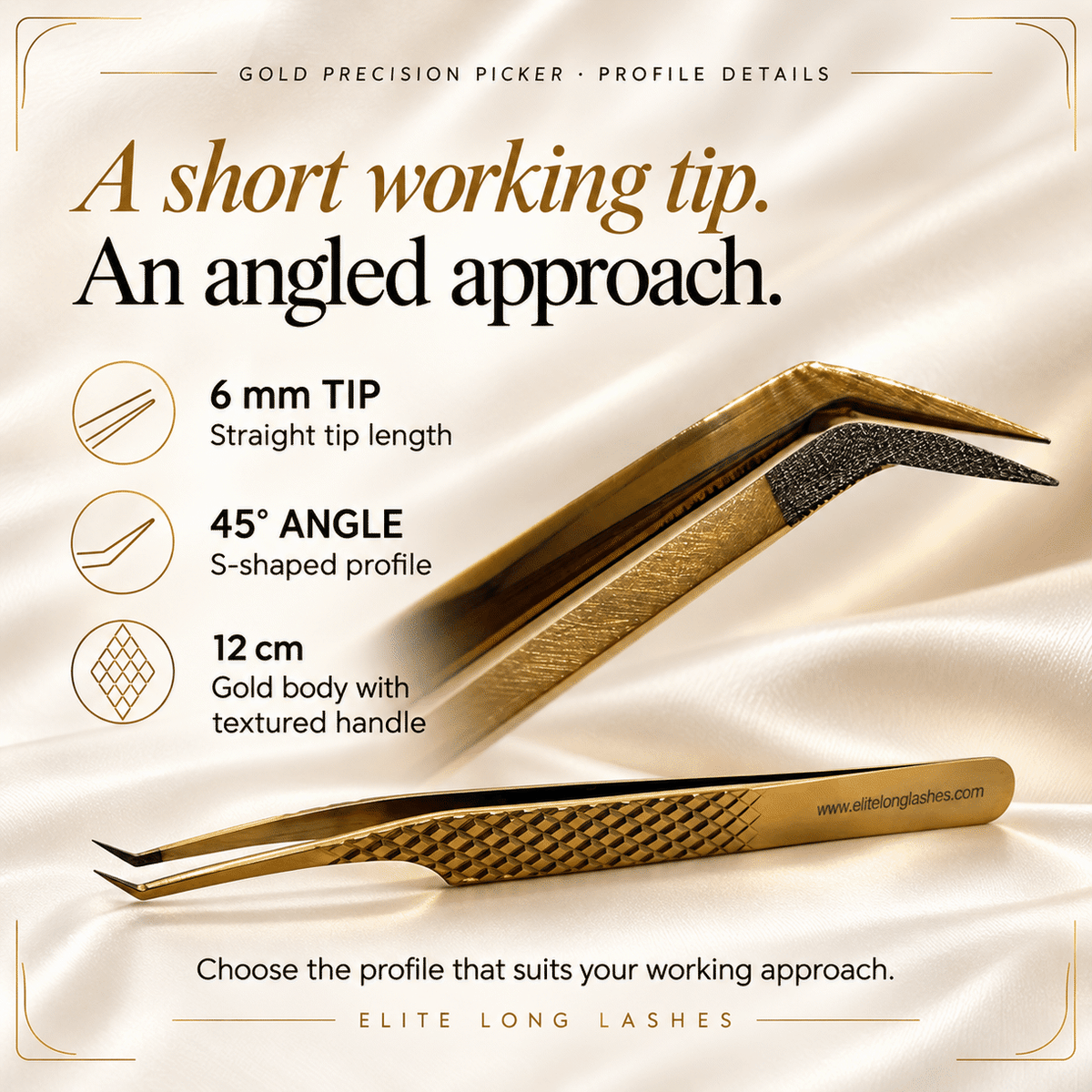 Gold Precision Picker S-Shape Isolation Lash Tweezer profile details with an actual tip close-up and confirmed specifications.