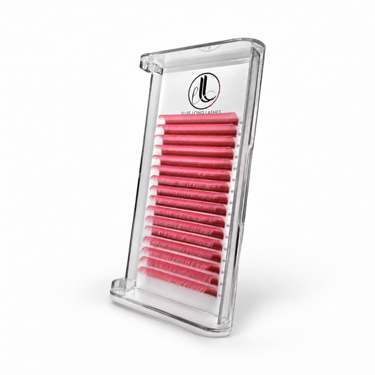 Elite Long Lashes pink cashmere lash extensions arranged in rows in a clear tray on a soft white background.