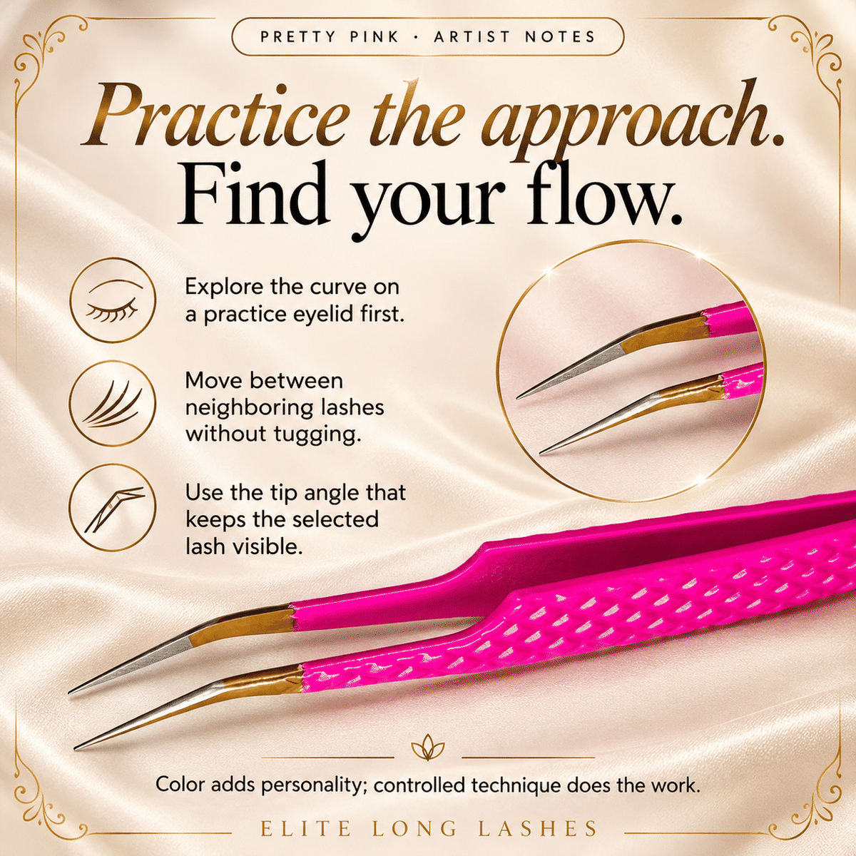Pretty Pink J-Shape Isolation Lash Tweezer artist tips for practicing the J-curve approach and controlled lash separation.