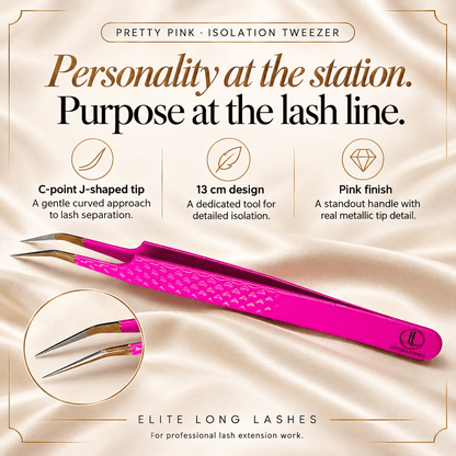 Pretty Pink J-Shape Isolation Lash Tweezer benefits graphic showing its J-shape profile, 13 cm length and pink finish.